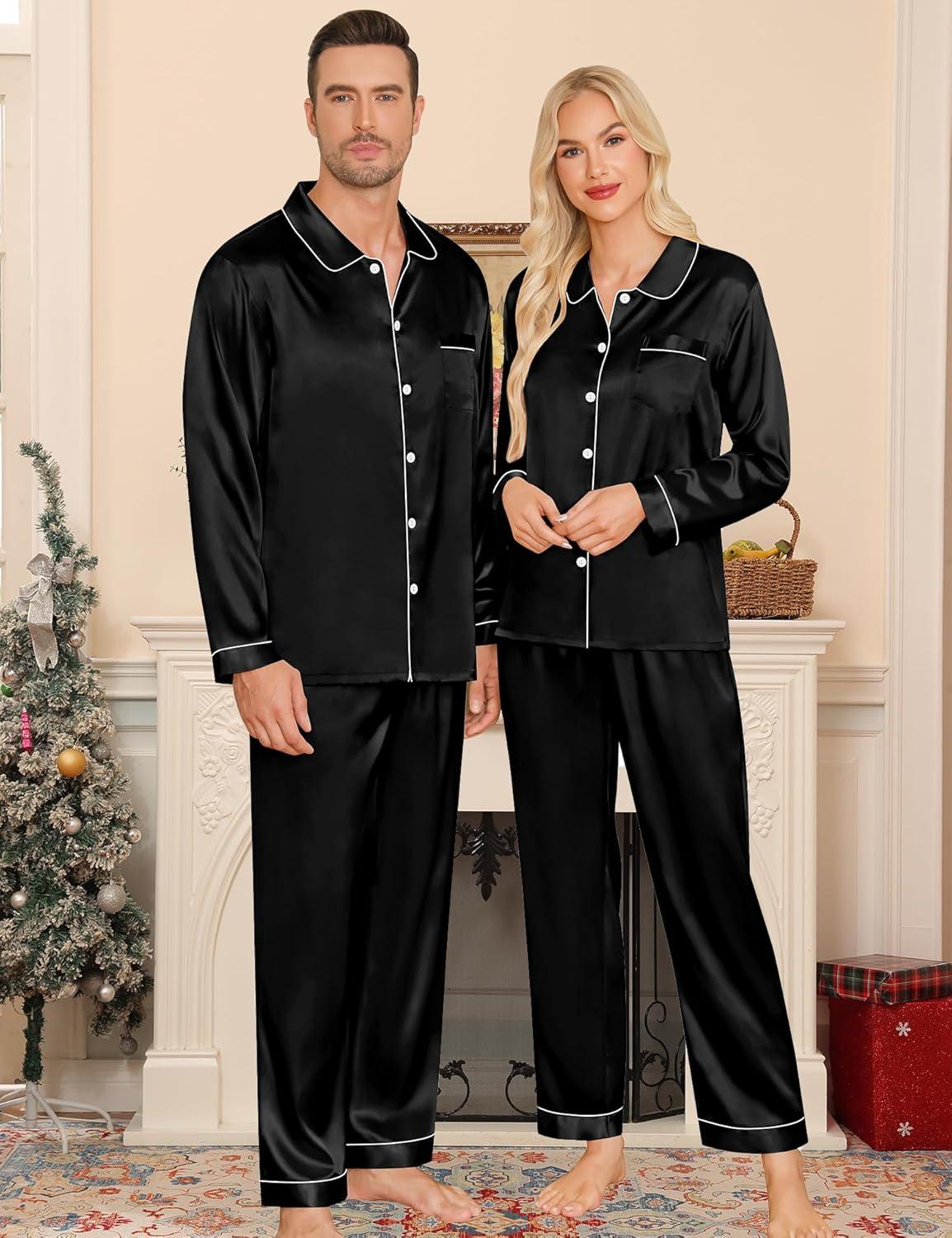 imageSWOMOG Couples Pajamas Sets Silk Satin Long Sleeve Sleepwear Button Down Loungewear Pjs Set Classic Pajama SXXLBlack