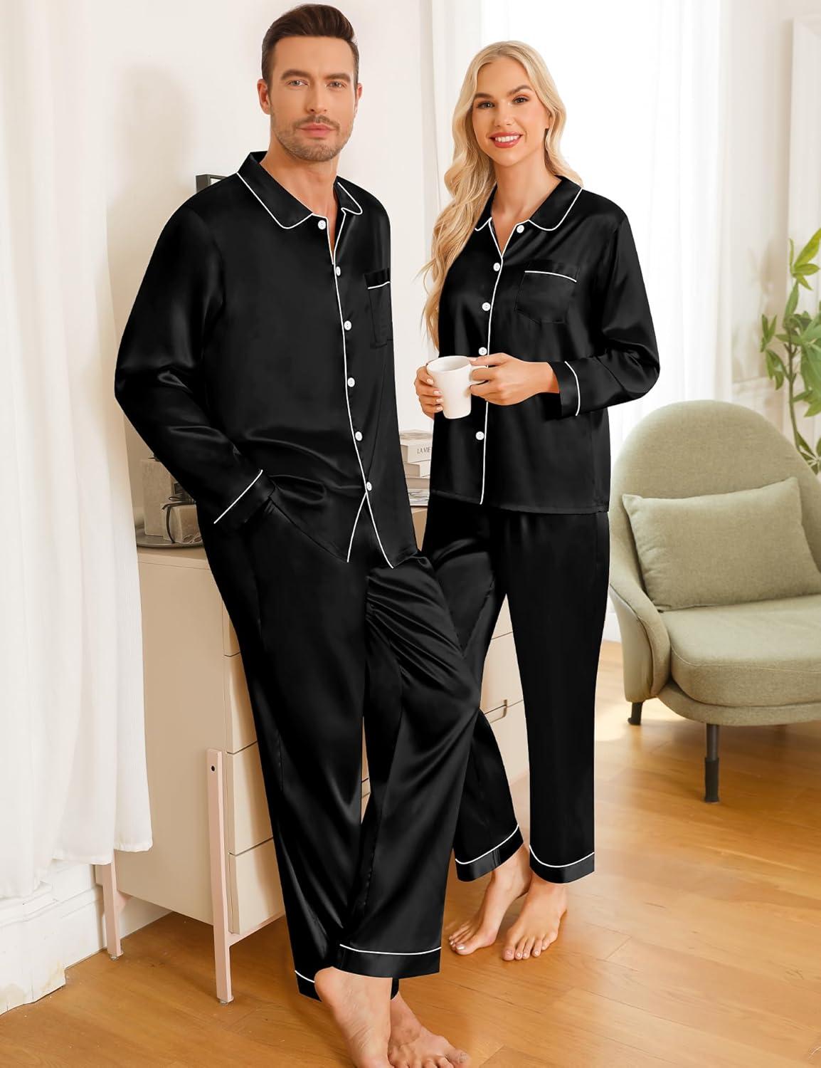 imageSWOMOG Couples Pajamas Sets Silk Satin Long Sleeve Sleepwear Button Down Loungewear Pjs Set Classic Pajama SXXLBlack