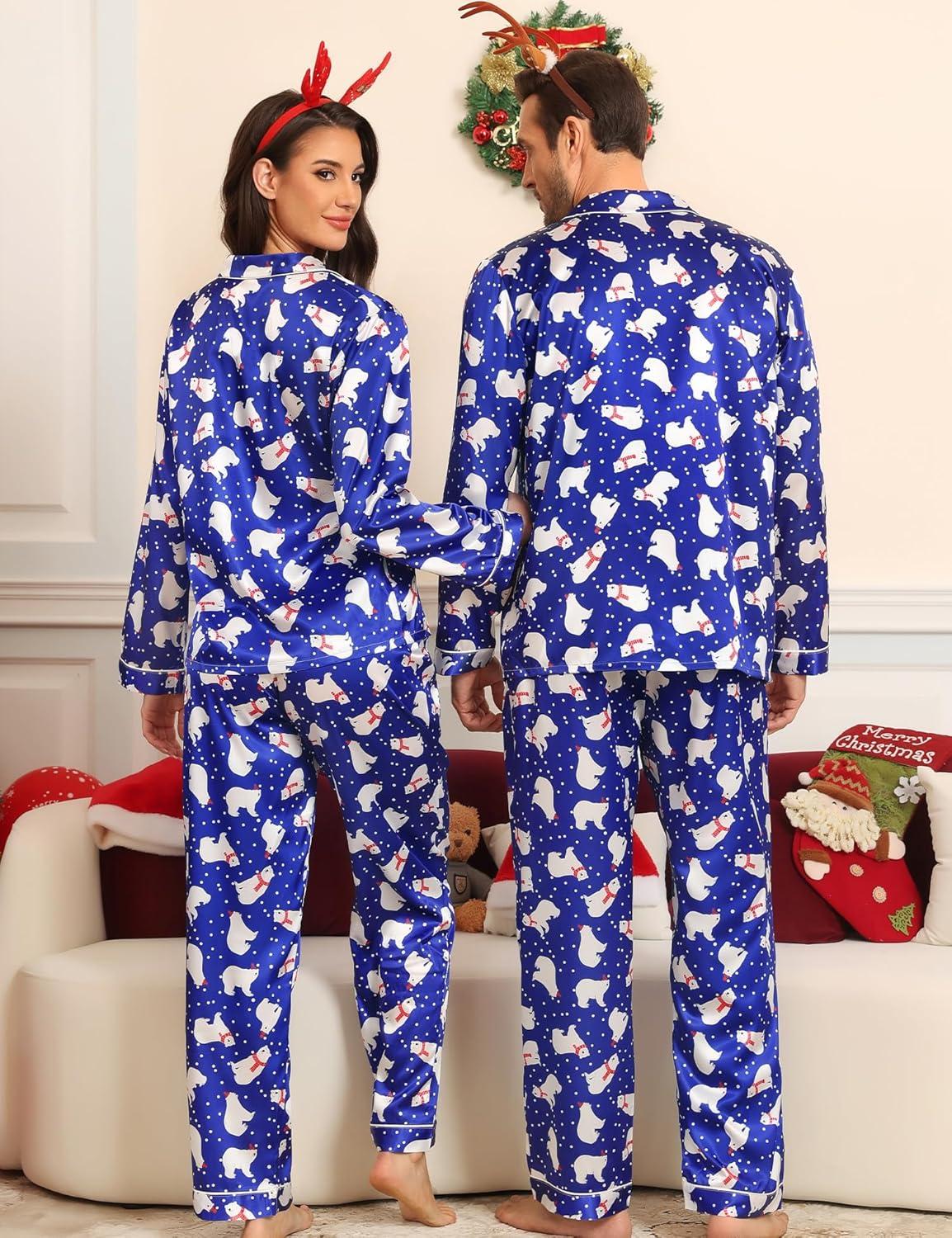 imageSWOMOG Couples Pajamas Sets Silk Satin Long Sleeve Sleepwear Button Down Loungewear Pjs Set Classic Pajama SXXLPolar Bear