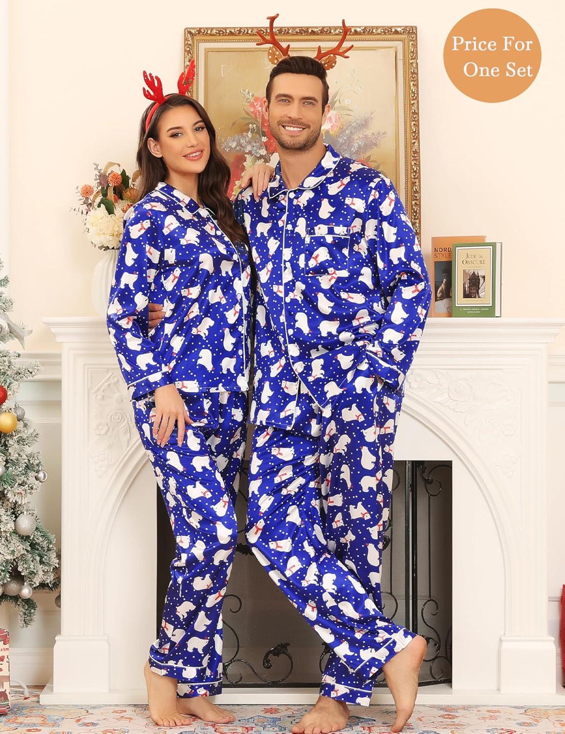 imageSWOMOG Couples Pajamas Sets Silk Satin Long Sleeve Sleepwear Button Down Loungewear Pjs Set Classic Pajama SXXLPolar Bear