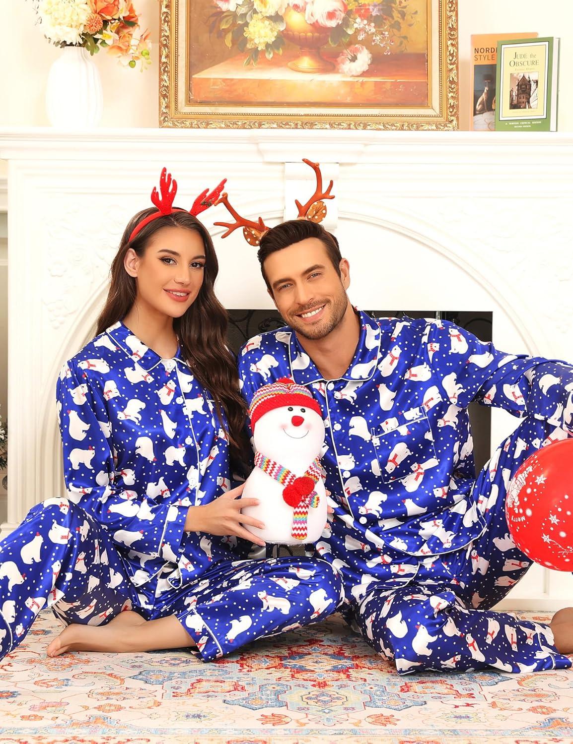 imageSWOMOG Couples Pajamas Sets Silk Satin Long Sleeve Sleepwear Button Down Loungewear Pjs Set Classic Pajama SXXLPolar Bear