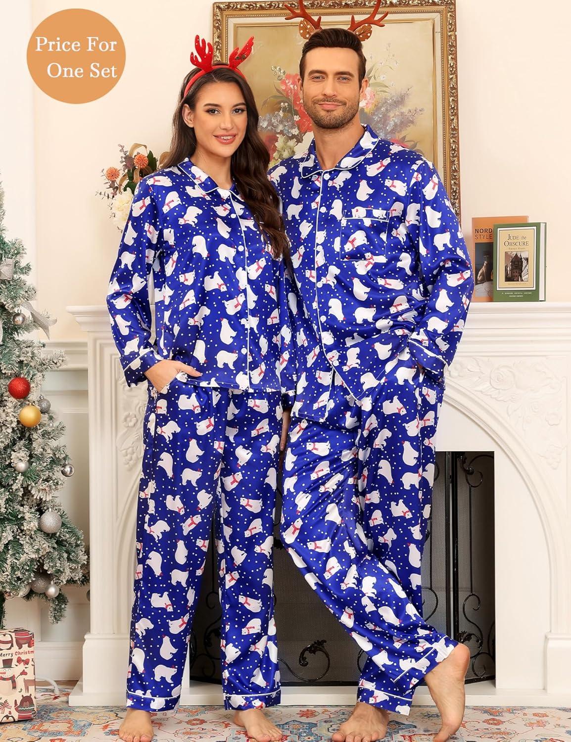 imageSWOMOG Couples Pajamas Sets Silk Satin Long Sleeve Sleepwear Button Down Loungewear Pjs Set Classic Pajama SXXLPolar Bear