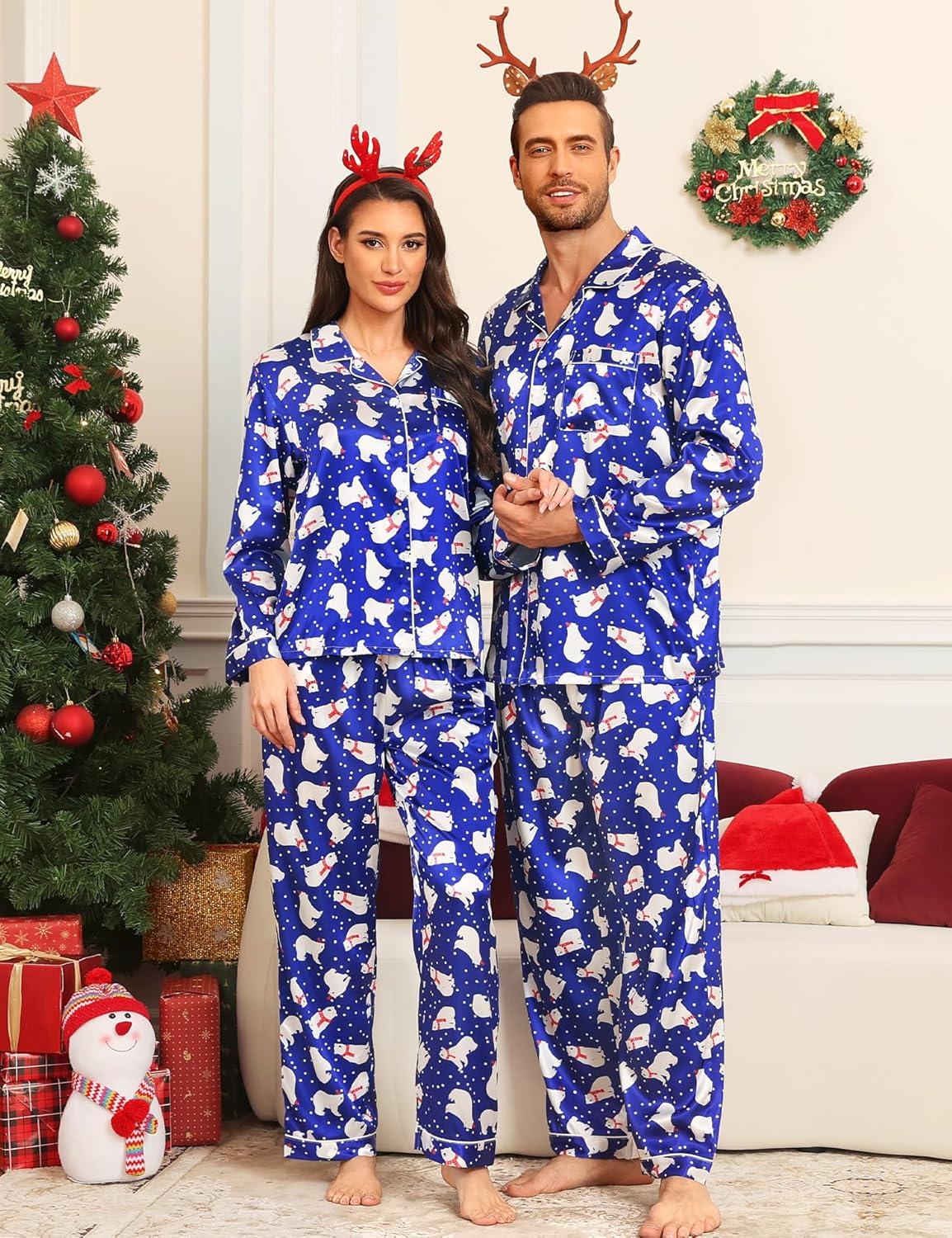 imageSWOMOG Couples Pajamas Sets Silk Satin Long Sleeve Sleepwear Button Down Loungewear Pjs Set Classic Pajama SXXLPolar Bear
