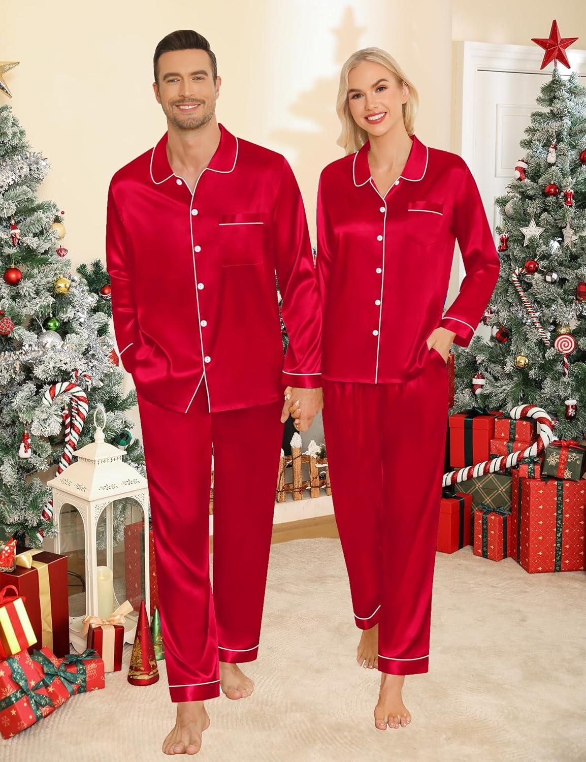 imageSWOMOG Couples Pajamas Sets Silk Satin Long Sleeve Sleepwear Button Down Loungewear Pjs Set Classic Pajama SXXLRed