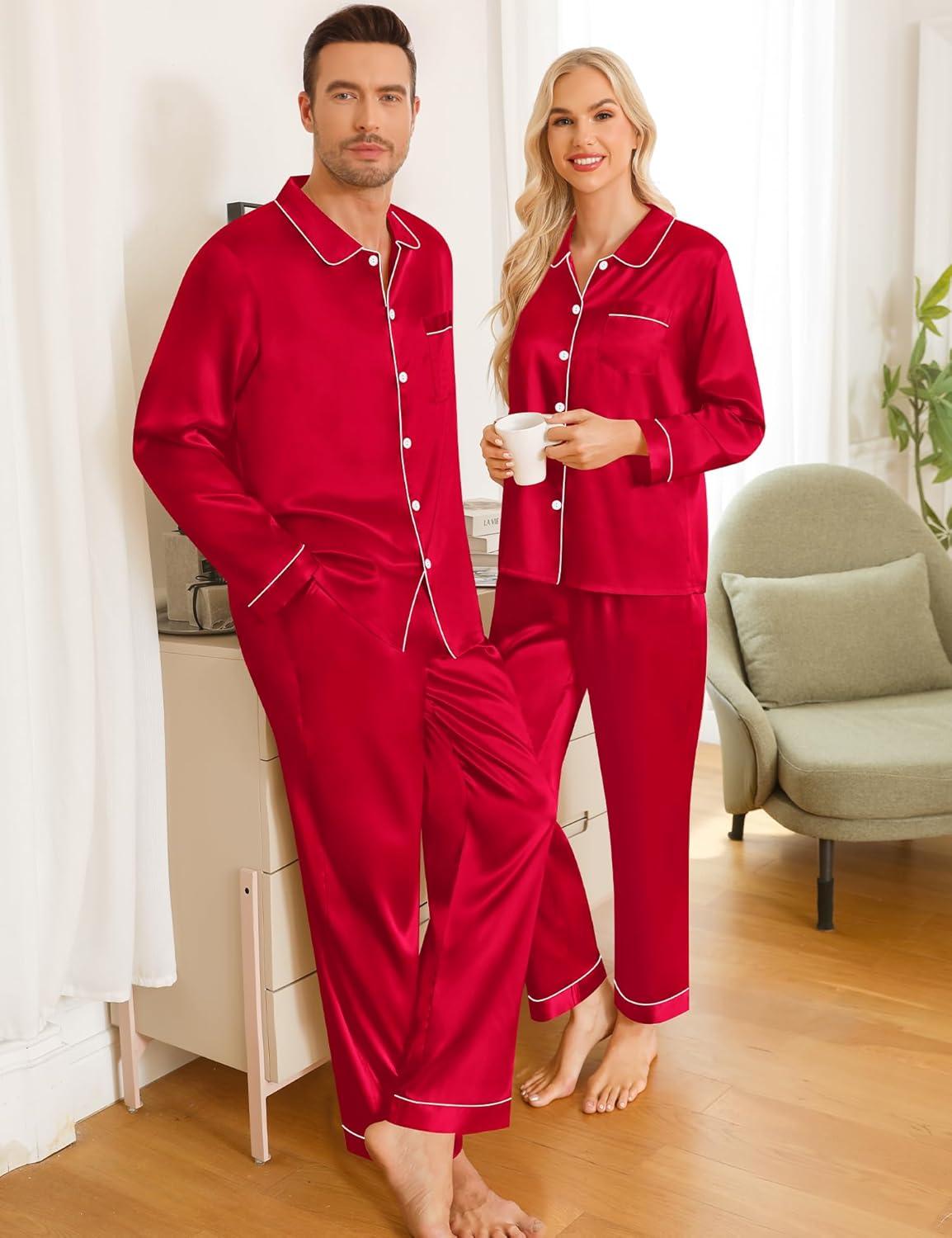 imageSWOMOG Couples Pajamas Sets Silk Satin Long Sleeve Sleepwear Button Down Loungewear Pjs Set Classic Pajama SXXLRed