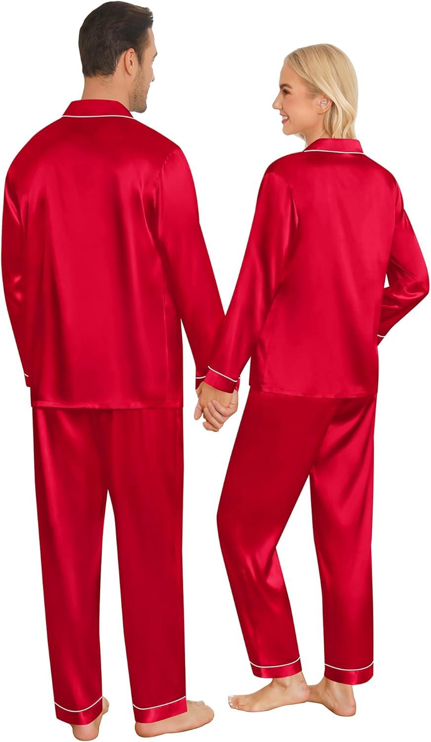 imageSWOMOG Couples Pajamas Sets Silk Satin Long Sleeve Sleepwear Button Down Loungewear Pjs Set Classic Pajama SXXLRed