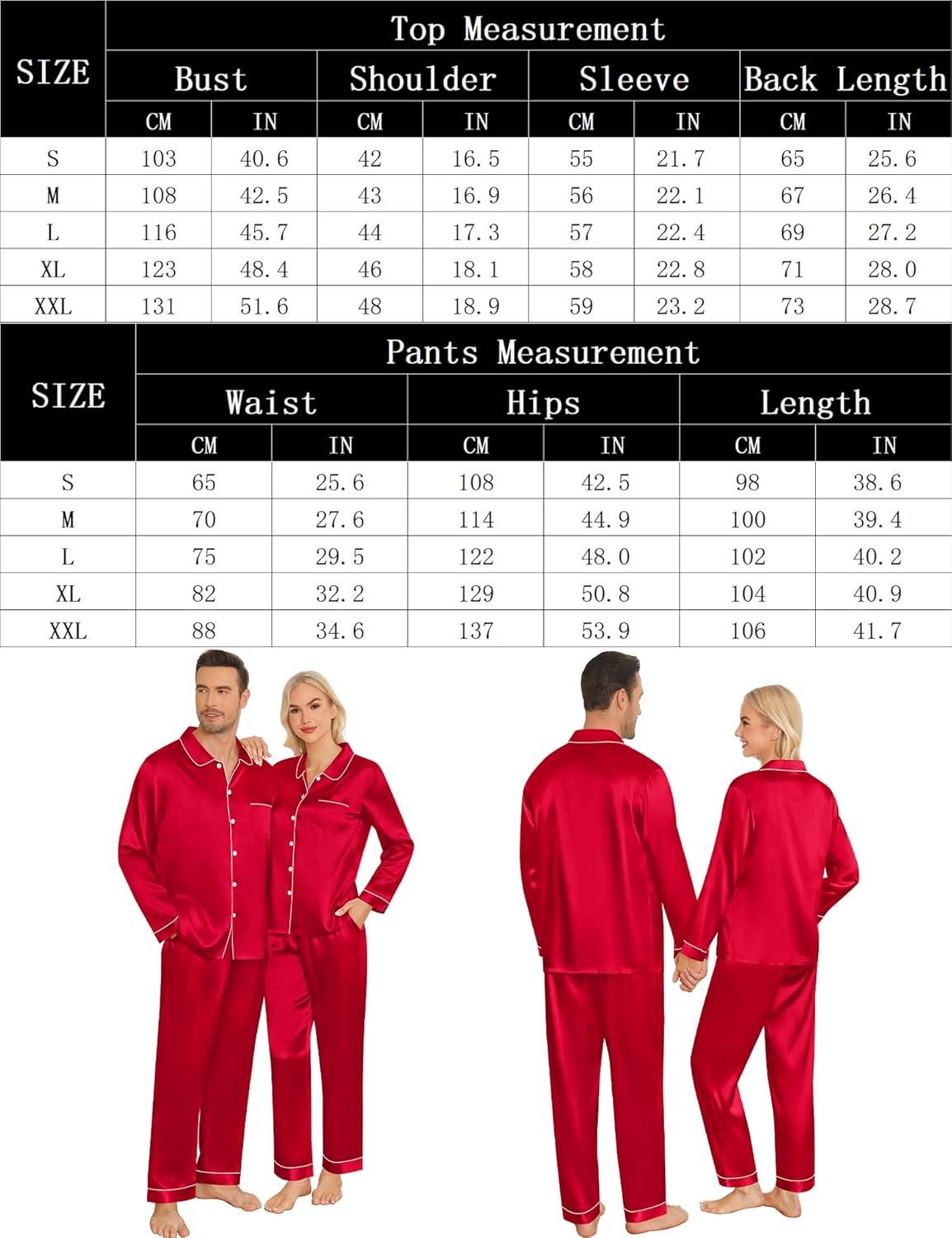 imageSWOMOG Couples Pajamas Sets Silk Satin Long Sleeve Sleepwear Button Down Loungewear Pjs Set Classic Pajama SXXLRed