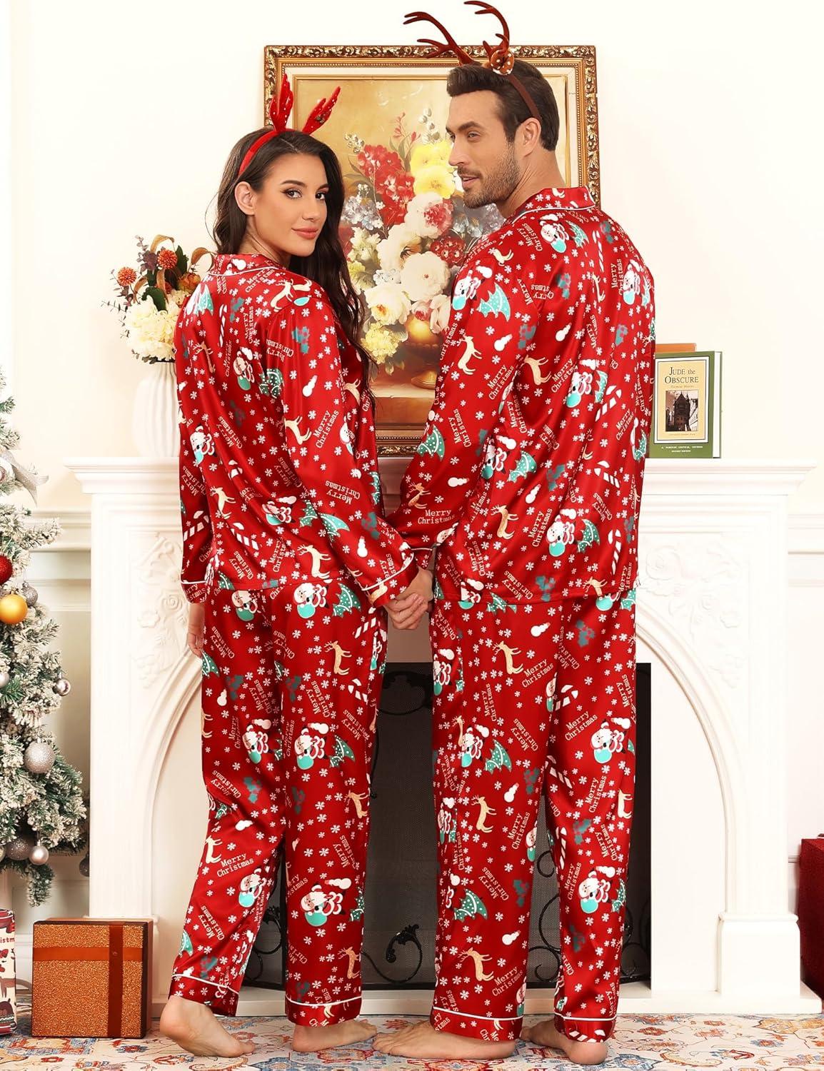 imageSWOMOG Couples Pajamas Sets Silk Satin Long Sleeve Sleepwear Button Down Loungewear Pjs Set Classic Pajama SXXLRed Christmas