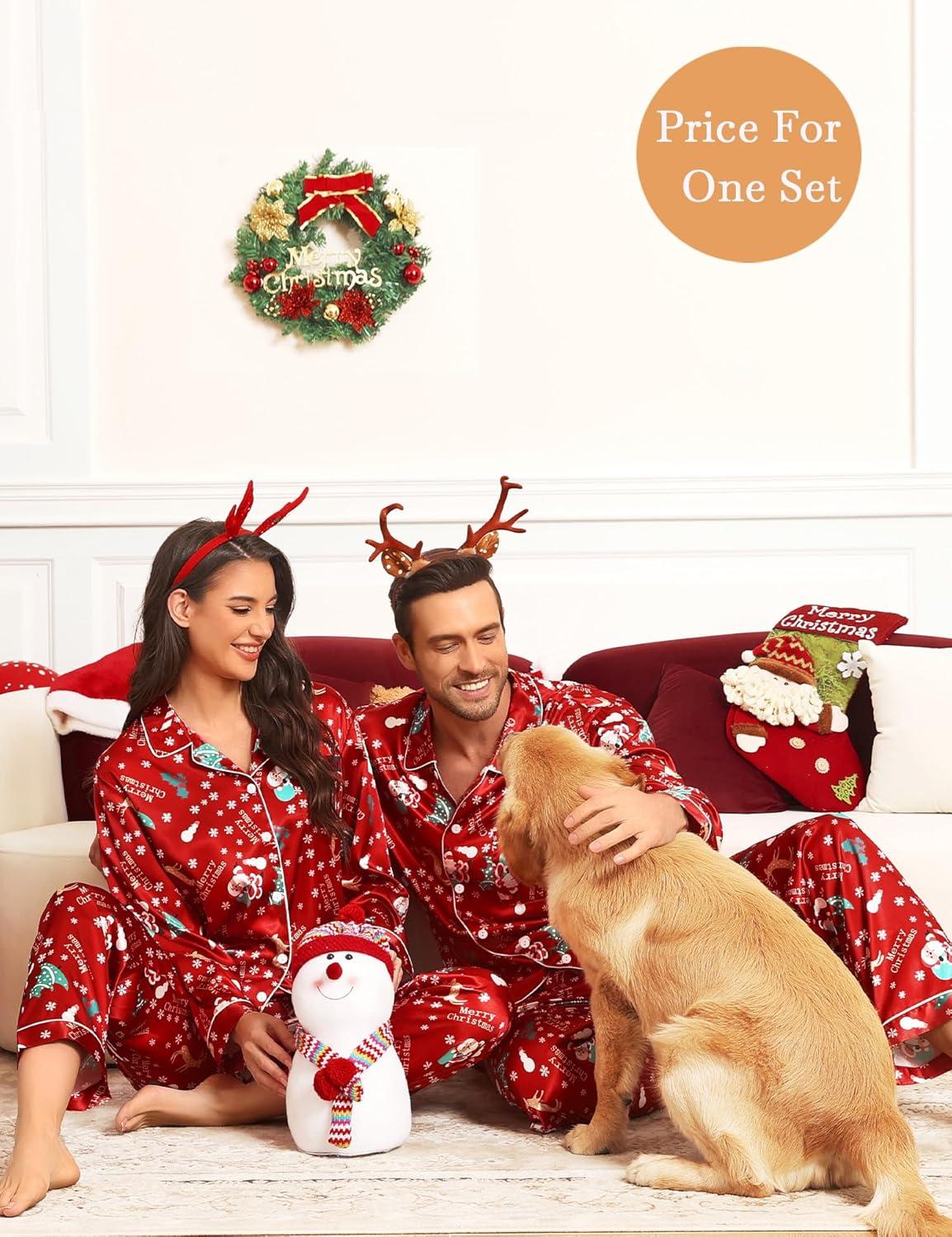 imageSWOMOG Couples Pajamas Sets Silk Satin Long Sleeve Sleepwear Button Down Loungewear Pjs Set Classic Pajama SXXLRed Christmas