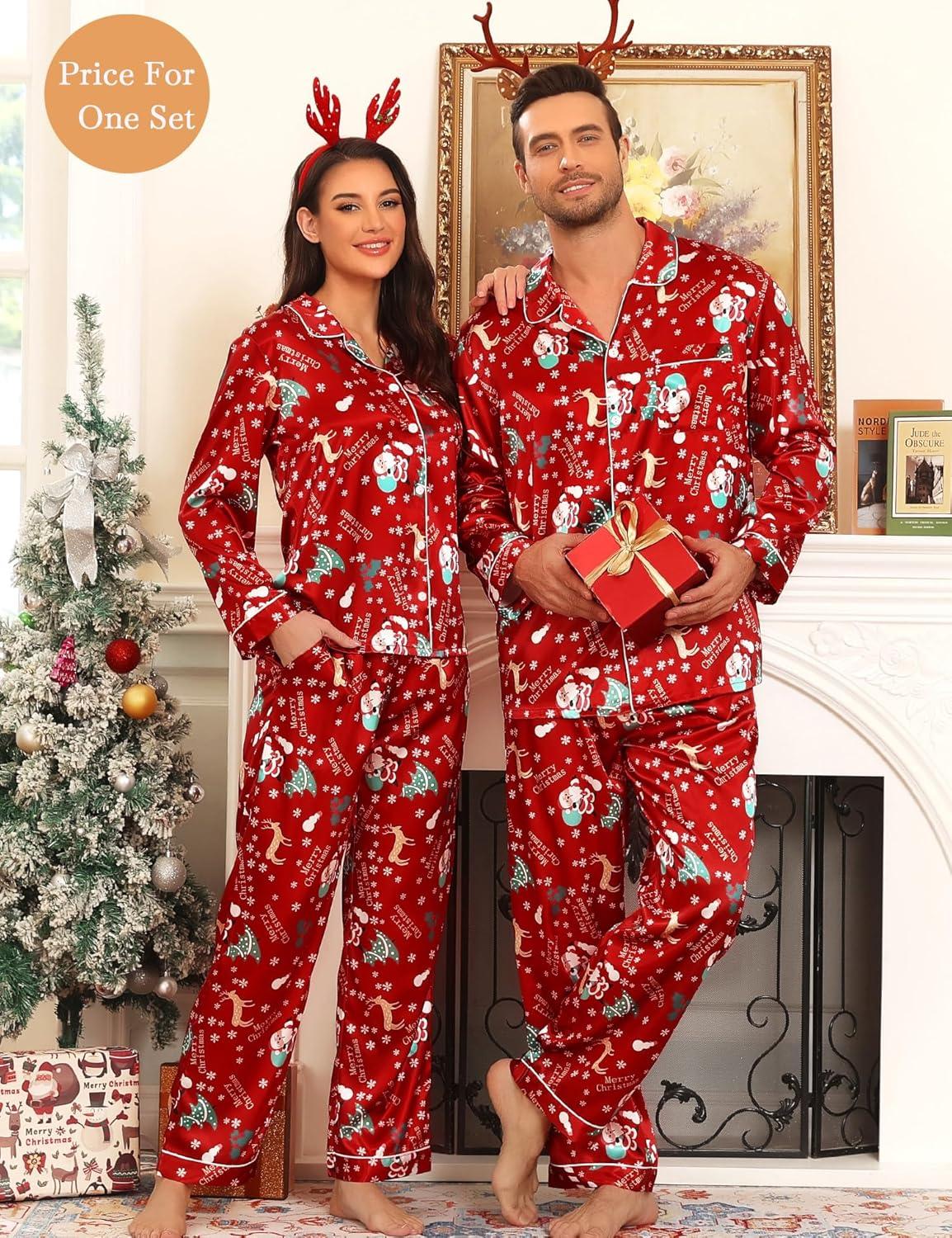 imageSWOMOG Couples Pajamas Sets Silk Satin Long Sleeve Sleepwear Button Down Loungewear Pjs Set Classic Pajama SXXLRed Christmas
