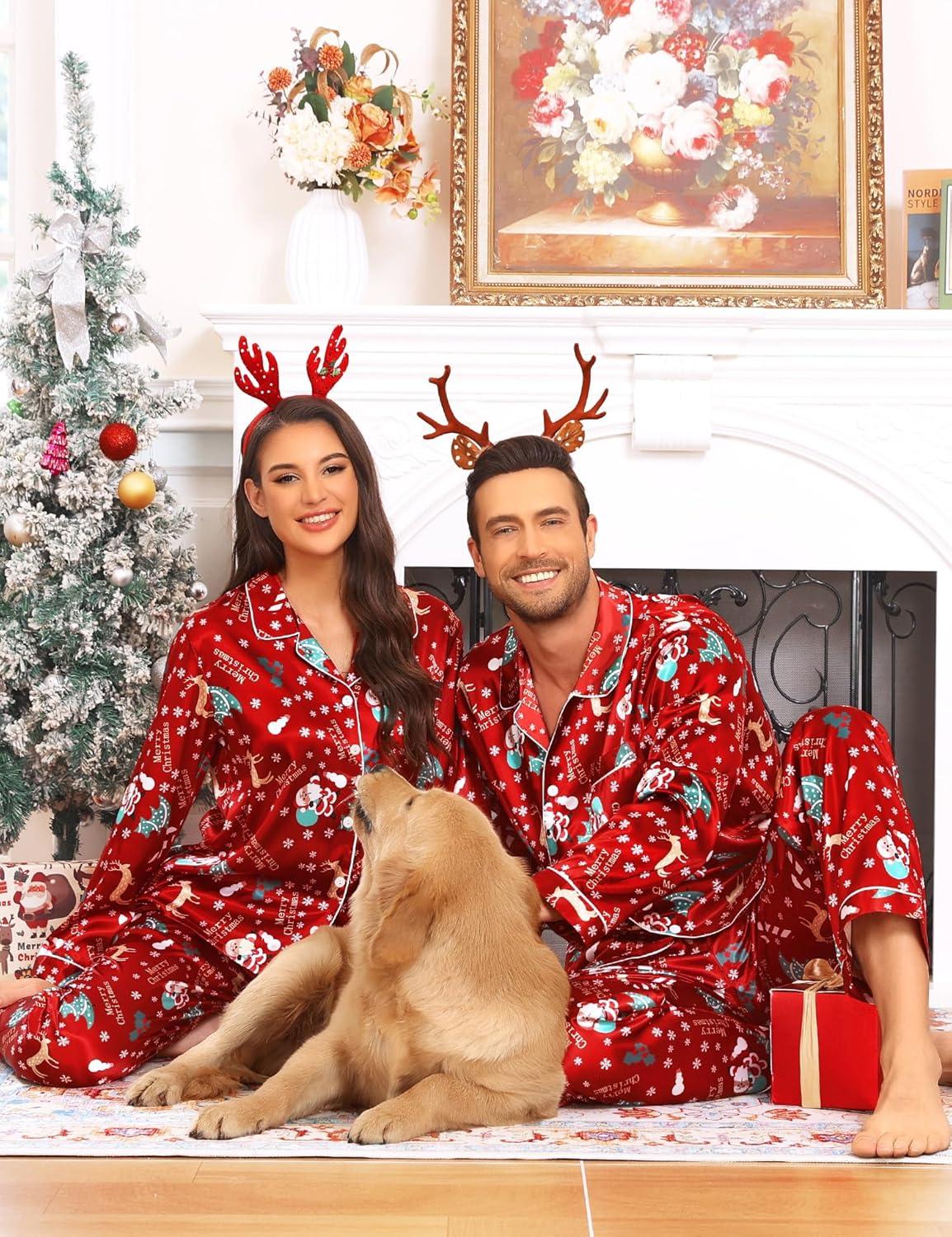 imageSWOMOG Couples Pajamas Sets Silk Satin Long Sleeve Sleepwear Button Down Loungewear Pjs Set Classic Pajama SXXLRed Christmas