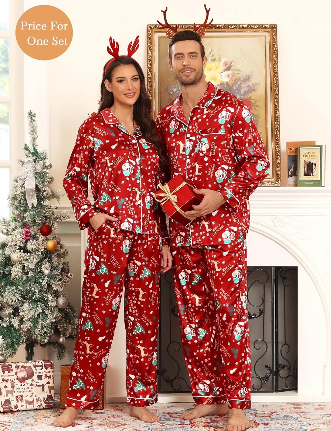 imageSWOMOG Couples Pajamas Sets Silk Satin Long Sleeve Sleepwear Button Down Loungewear Pjs Set Classic Pajama SXXLRed Christmas