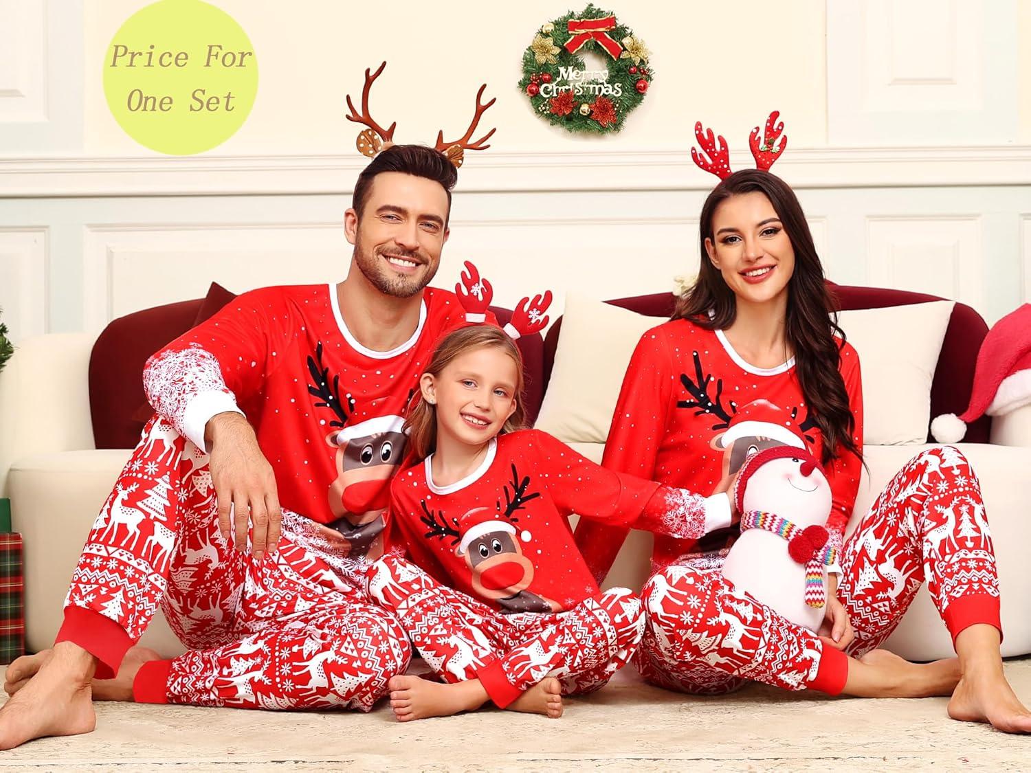 imageSWOMOG Family Christmas Pajamas Matching Sets Holiday Christmas Jammies Christmas PJs Matching Xmas Pjs for Adults Kids Red Christmas Deer Women XXLarge