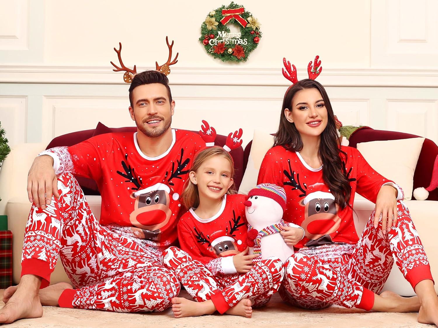 imageSWOMOG Family Christmas Pajamas Matching Sets Holiday Christmas Jammies Christmas PJs Matching Xmas Pjs for Adults Kids Red Christmas Deer Women XXLarge