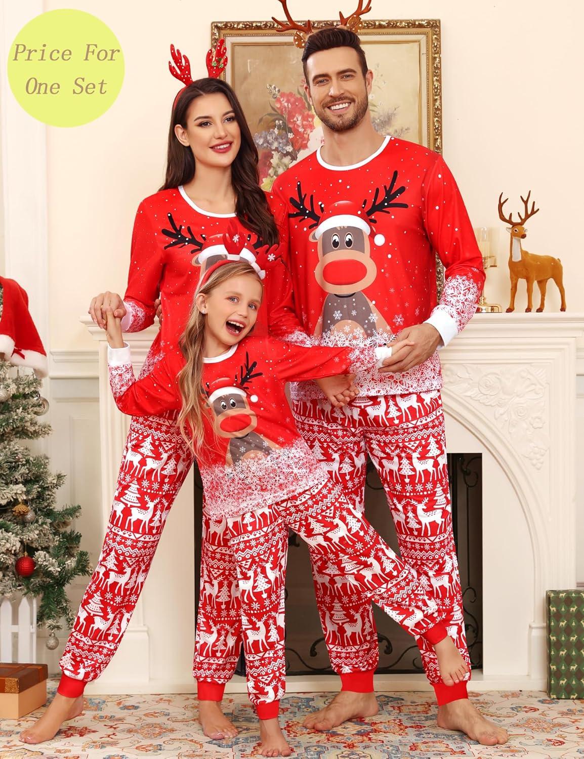 imageSWOMOG Family Christmas Pajamas Matching Sets Holiday Christmas Jammies Christmas PJs Matching Xmas Pjs for Adults Kids Red Christmas Deer Women XXLarge