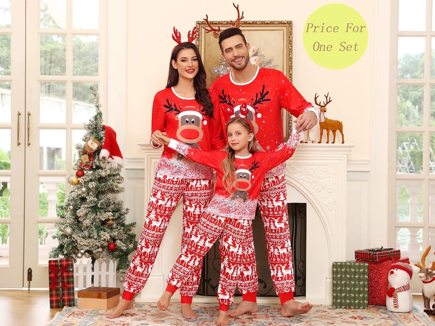 imageSWOMOG Family Christmas Pajamas Matching Sets Holiday Christmas Jammies Christmas PJs Matching Xmas Pjs for Adults Kids Red Christmas Deer Women XXLarge