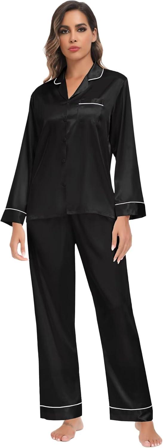 imageSWOMOG Family Matching Button Down Pajamas Pjs Silk Satin Long Sleeve Shirt Long Pants Set Sleepwear 2 Pcs Outfits LoungewearBlack