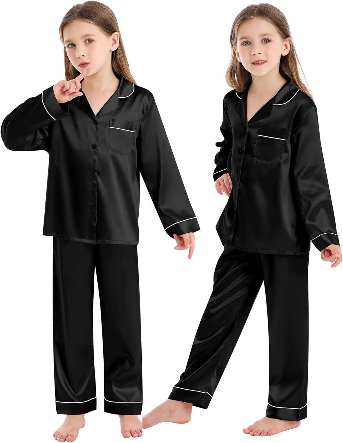 imageSWOMOG Family Matching Button Down Pajamas Pjs Silk Satin Long Sleeve Shirt Long Pants Set Sleepwear 2 Pcs Outfits LoungewearBlack