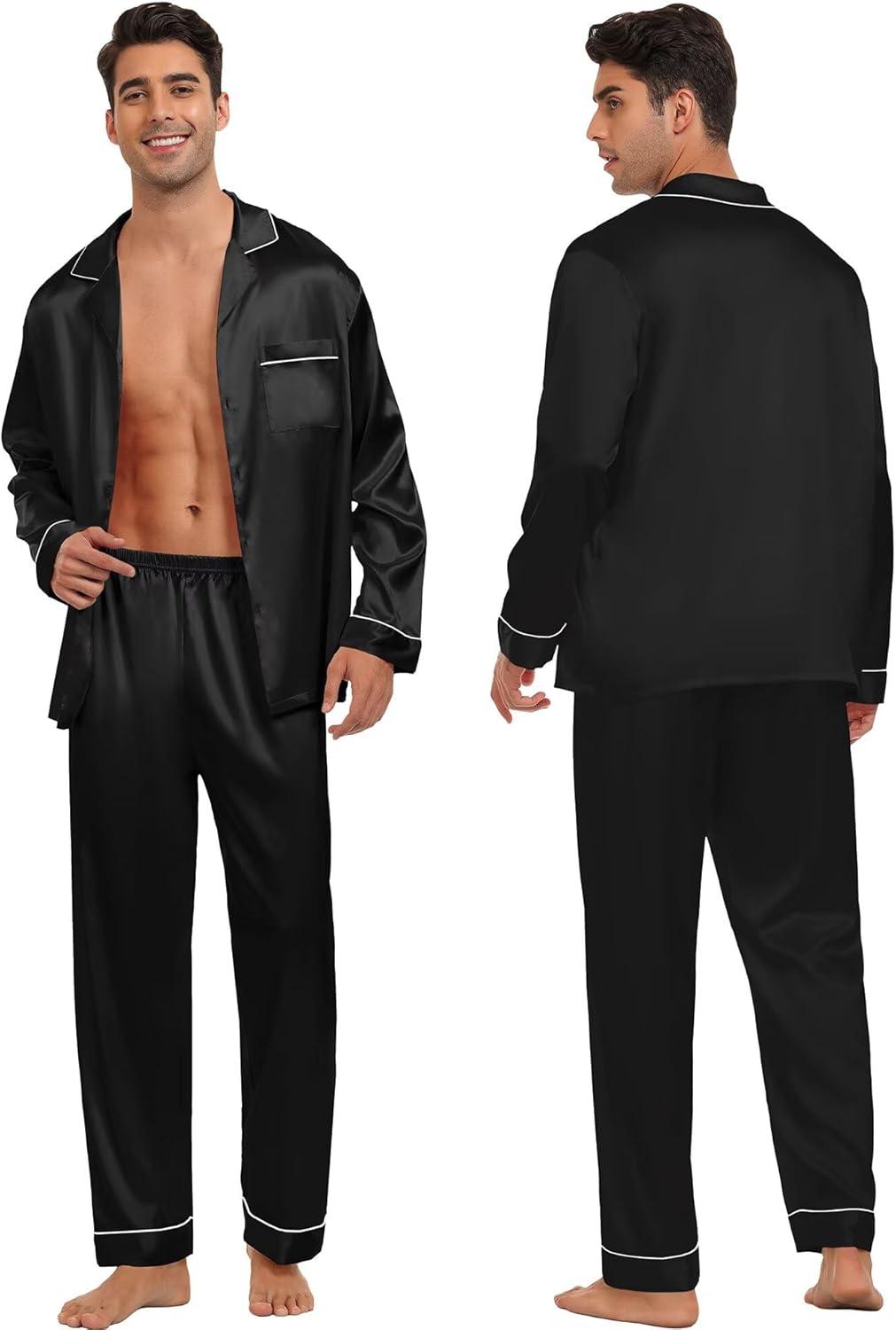 imageSWOMOG Family Matching Button Down Pajamas Pjs Silk Satin Long Sleeve Shirt Long Pants Set Sleepwear 2 Pcs Outfits LoungewearBlack
