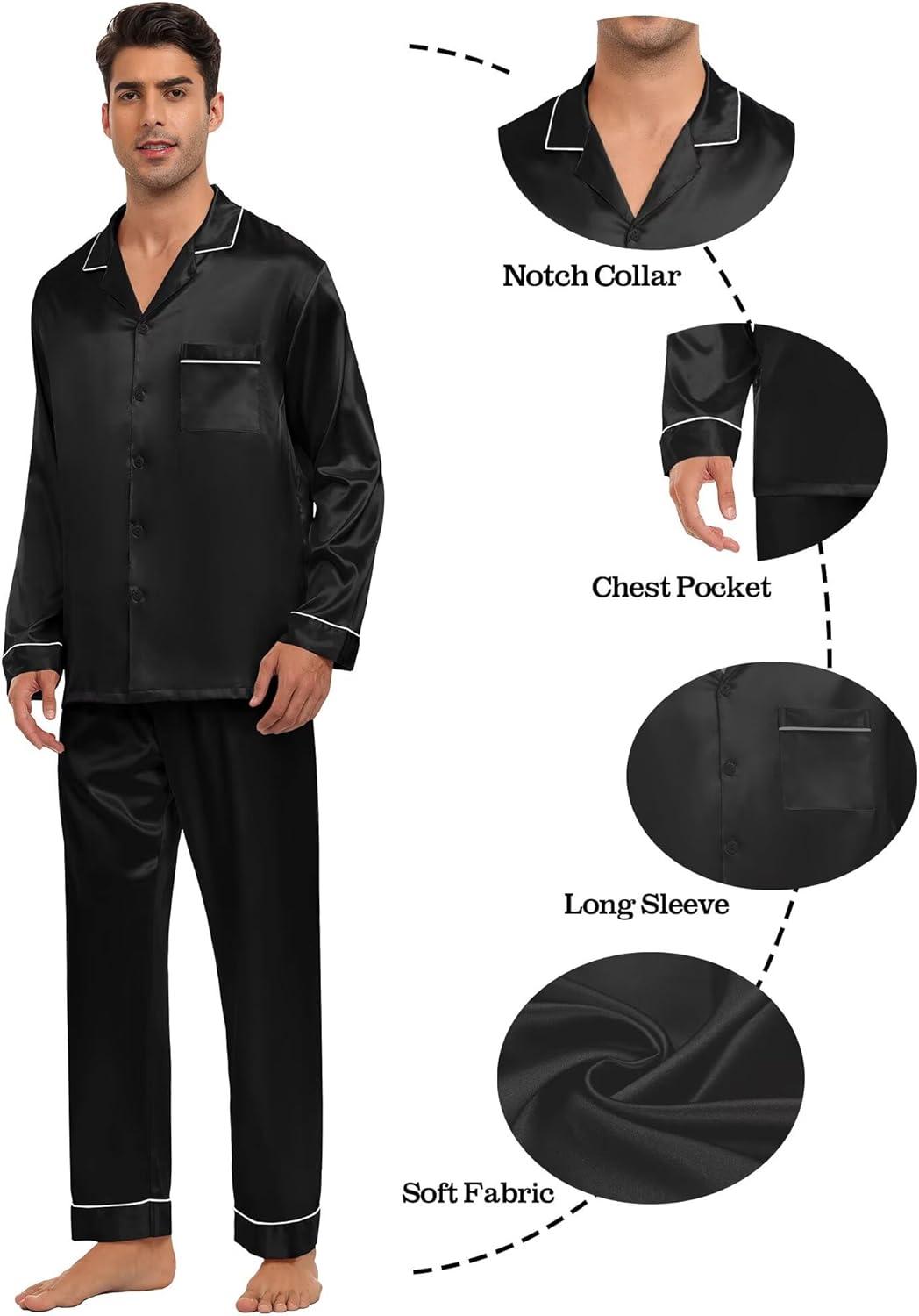 imageSWOMOG Family Matching Button Down Pajamas Pjs Silk Satin Long Sleeve Shirt Long Pants Set Sleepwear 2 Pcs Outfits LoungewearBlack