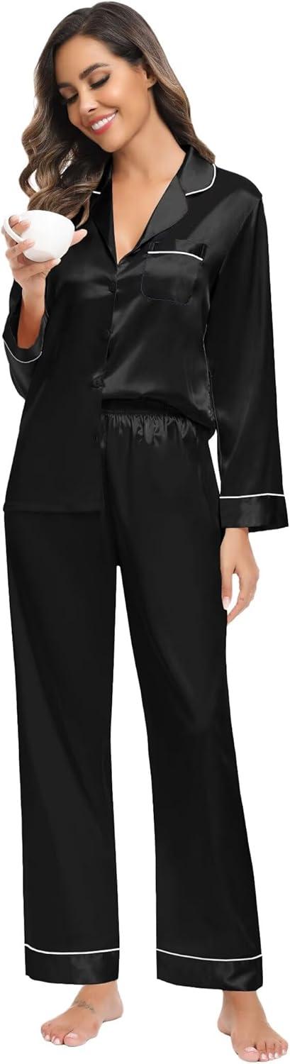 imageSWOMOG Family Matching Button Down Pajamas Pjs Silk Satin Long Sleeve Shirt Long Pants Set Sleepwear 2 Pcs Outfits LoungewearBlack
