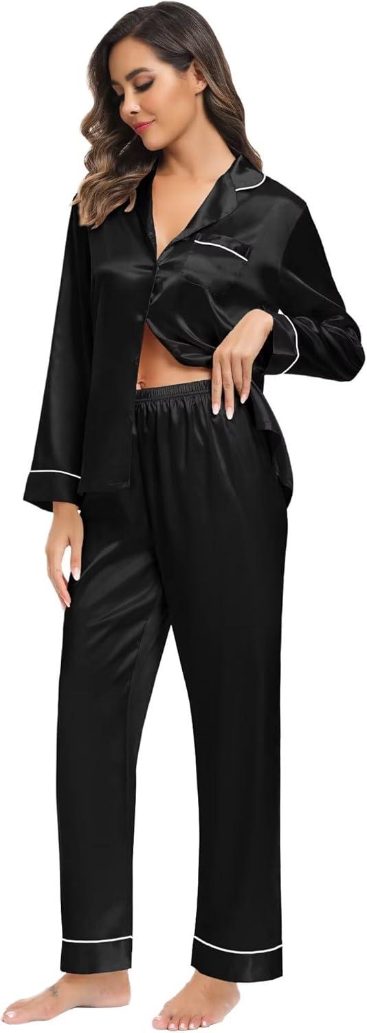 imageSWOMOG Family Matching Button Down Pajamas Pjs Silk Satin Long Sleeve Shirt Long Pants Set Sleepwear 2 Pcs Outfits LoungewearBlack