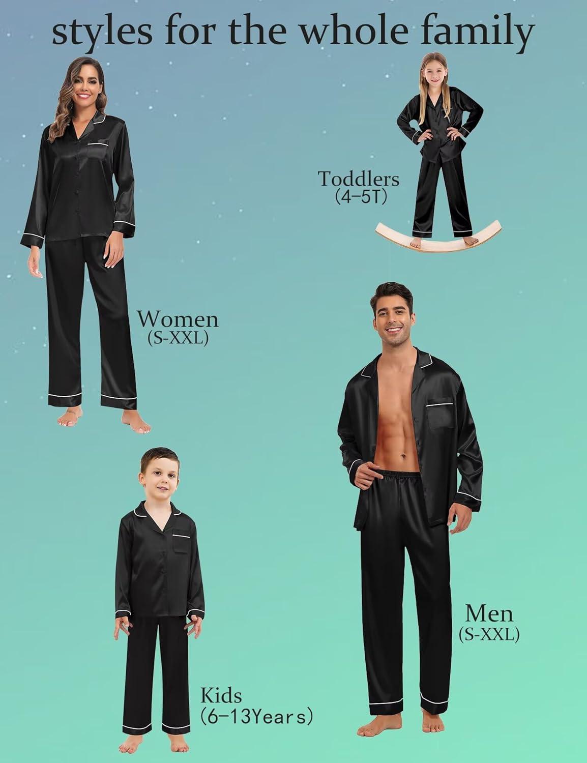 imageSWOMOG Family Matching Button Down Pajamas Pjs Silk Satin Long Sleeve Shirt Long Pants Set Sleepwear 2 Pcs Outfits LoungewearBlack