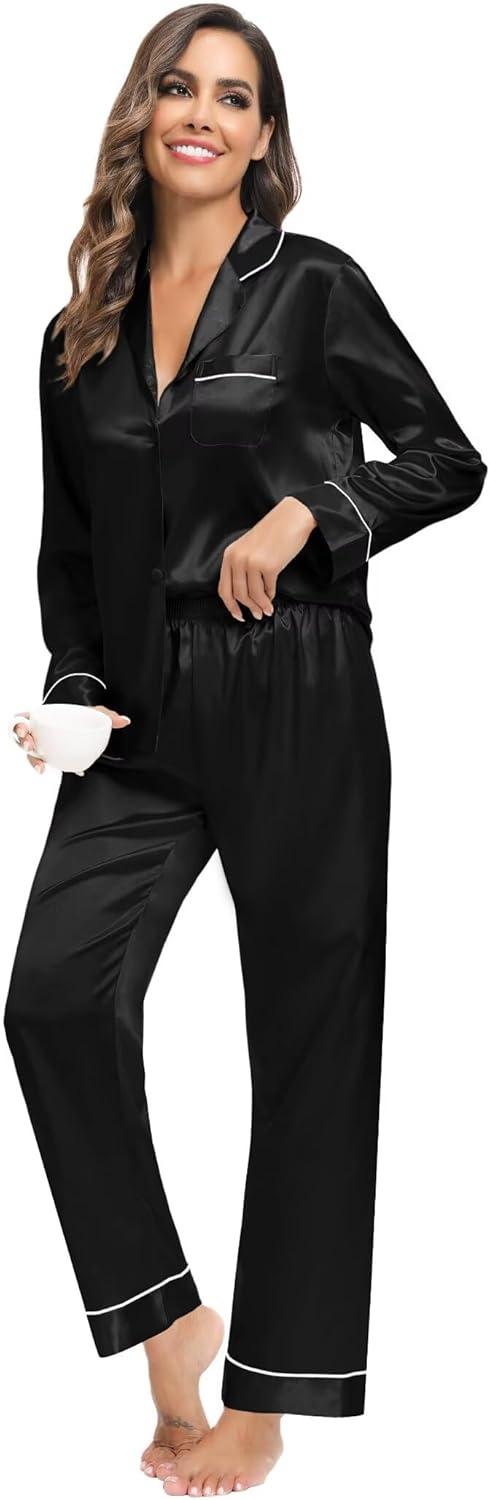 imageSWOMOG Family Matching Button Down Pajamas Pjs Silk Satin Long Sleeve Shirt Long Pants Set Sleepwear 2 Pcs Outfits LoungewearBlack