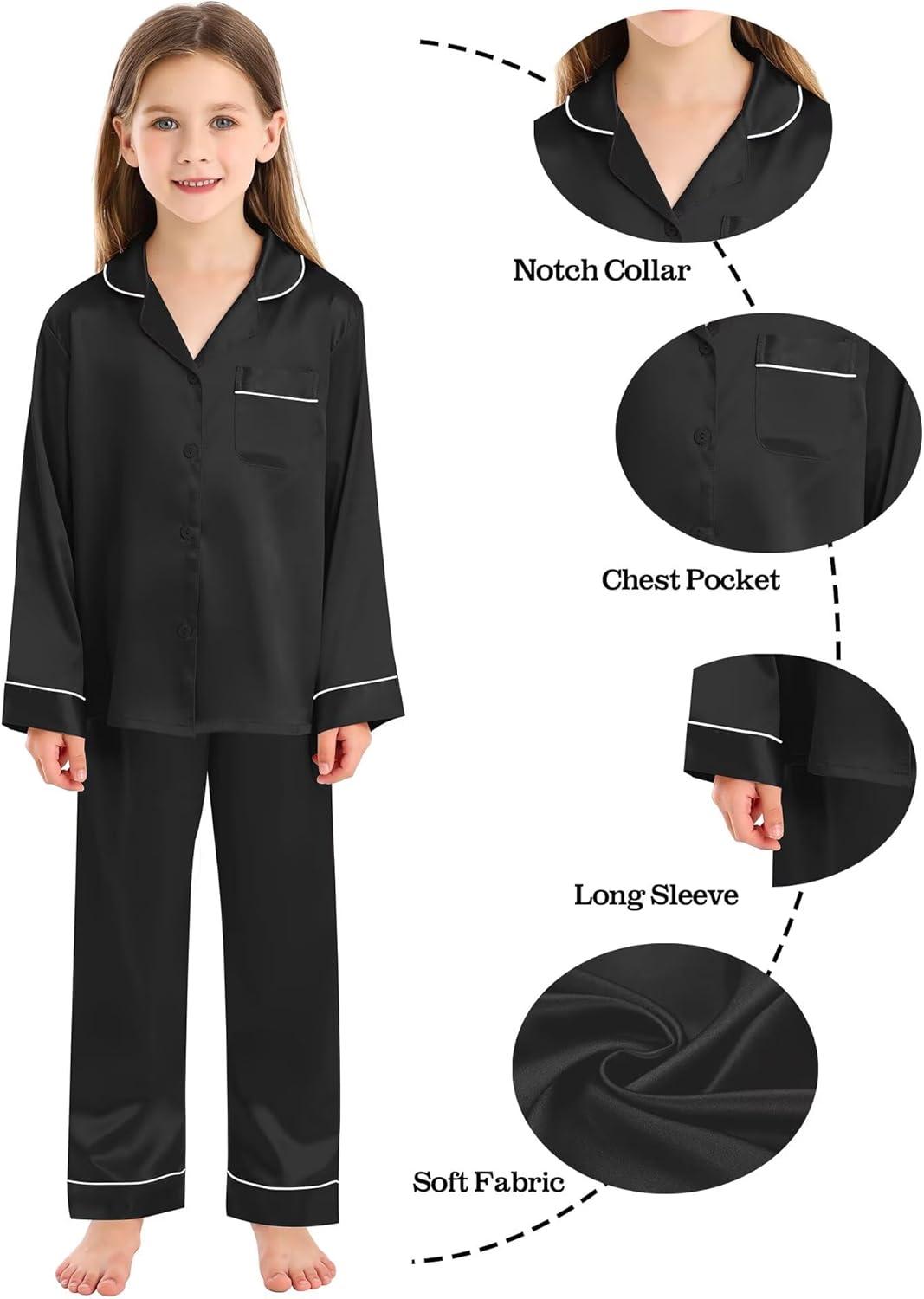 imageSWOMOG Family Matching Button Down Pajamas Pjs Silk Satin Long Sleeve Shirt Long Pants Set Sleepwear 2 Pcs Outfits LoungewearBlack