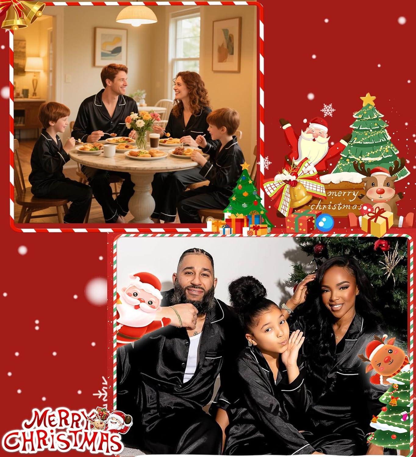 imageSWOMOG Family Matching Button Down Pajamas Pjs Silk Satin Long Sleeve Shirt Long Pants Set Sleepwear 2 Pcs Outfits LoungewearBlack