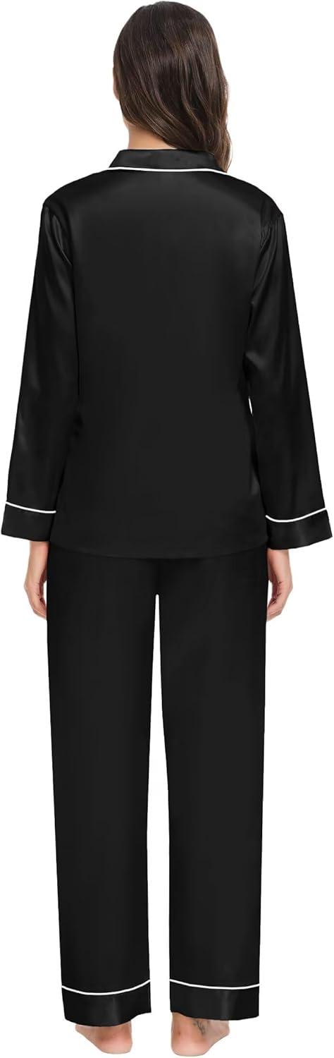 imageSWOMOG Family Matching Button Down Pajamas Pjs Silk Satin Long Sleeve Shirt Long Pants Set Sleepwear 2 Pcs Outfits LoungewearBlack
