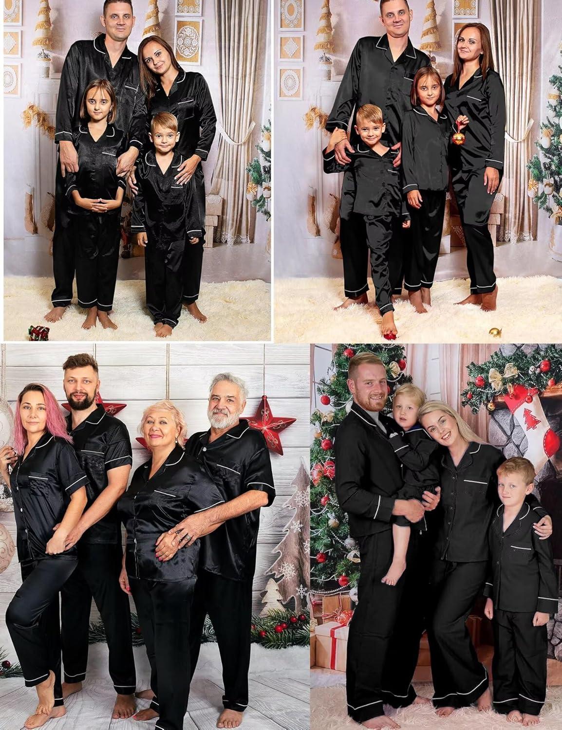 imageSWOMOG Family Matching Button Down Pajamas Pjs Silk Satin Long Sleeve Shirt Long Pants Set Sleepwear 2 Pcs Outfits LoungewearBlack