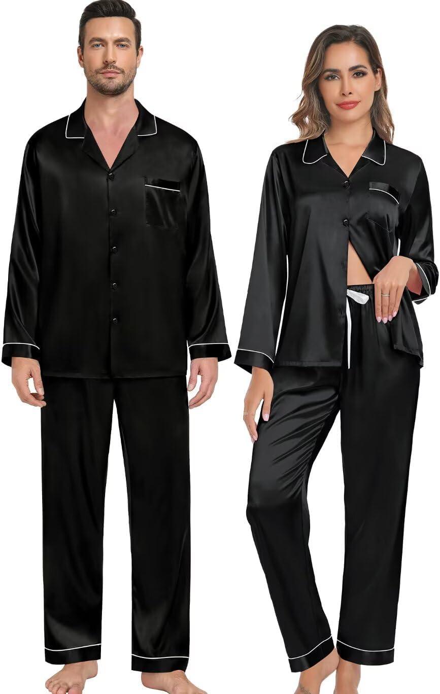 imageSWOMOG Family Matching Button Down Pajamas Pjs Silk Satin Long Sleeve Shirt Long Pants Set Sleepwear 2 Pcs Outfits LoungewearBlack