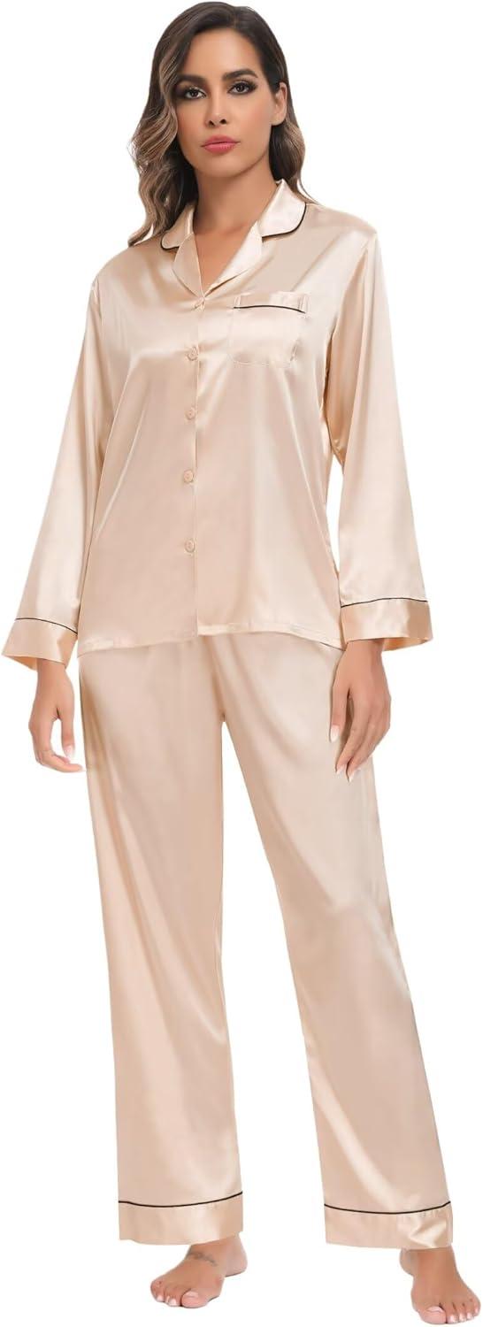 imageSWOMOG Family Matching Button Down Pajamas Pjs Silk Satin Long Sleeve Shirt Long Pants Set Sleepwear 2 Pcs Outfits LoungewearChampagne