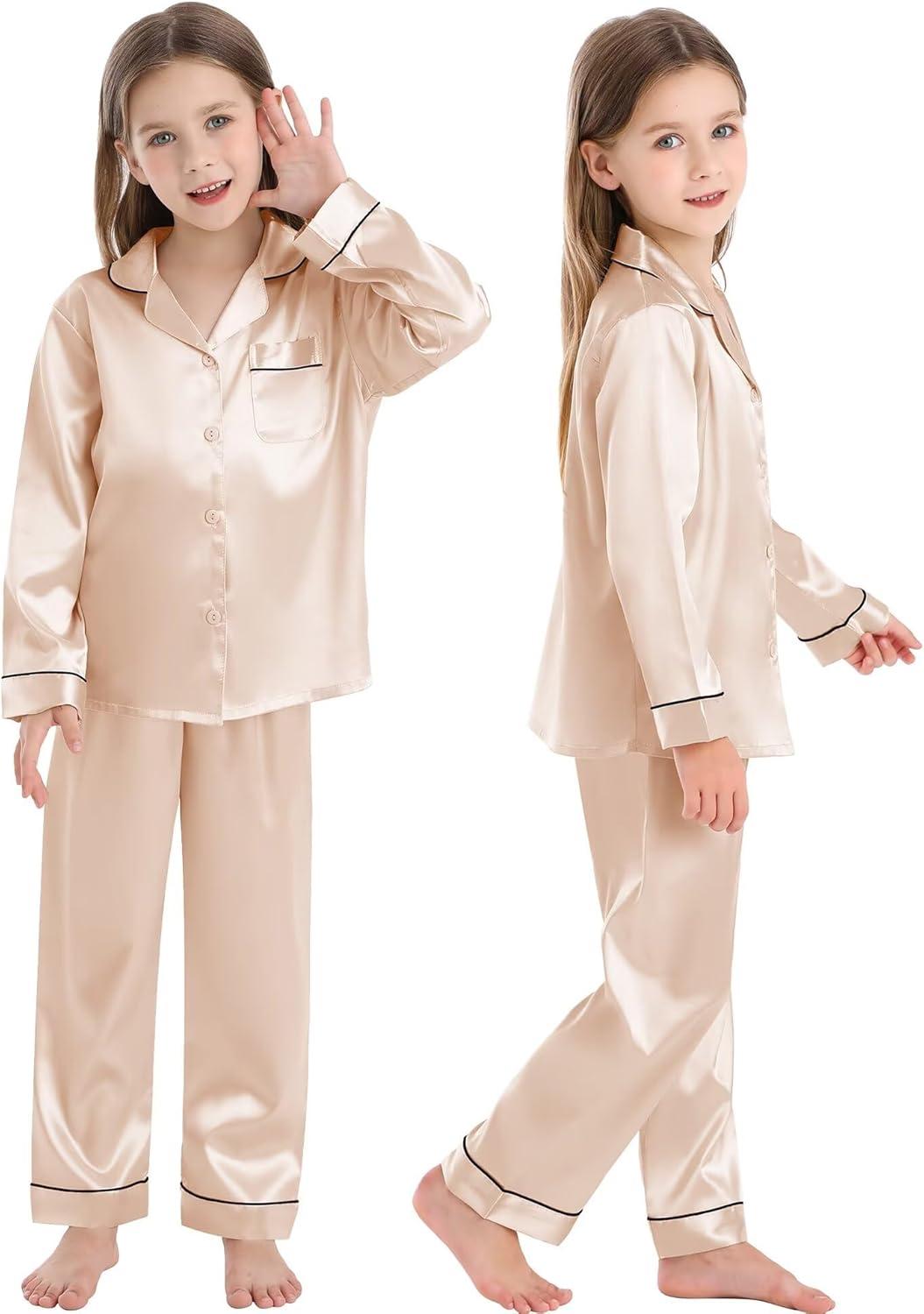 imageSWOMOG Family Matching Button Down Pajamas Pjs Silk Satin Long Sleeve Shirt Long Pants Set Sleepwear 2 Pcs Outfits LoungewearChampagne