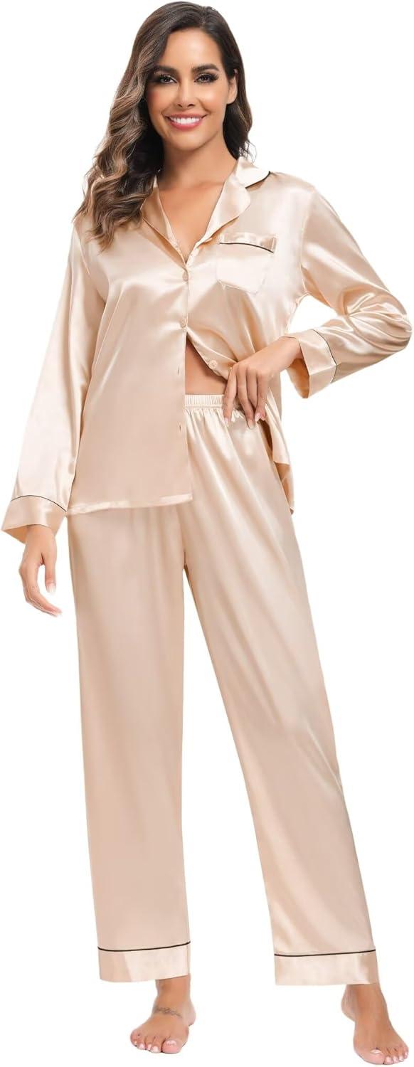 imageSWOMOG Family Matching Button Down Pajamas Pjs Silk Satin Long Sleeve Shirt Long Pants Set Sleepwear 2 Pcs Outfits LoungewearChampagne