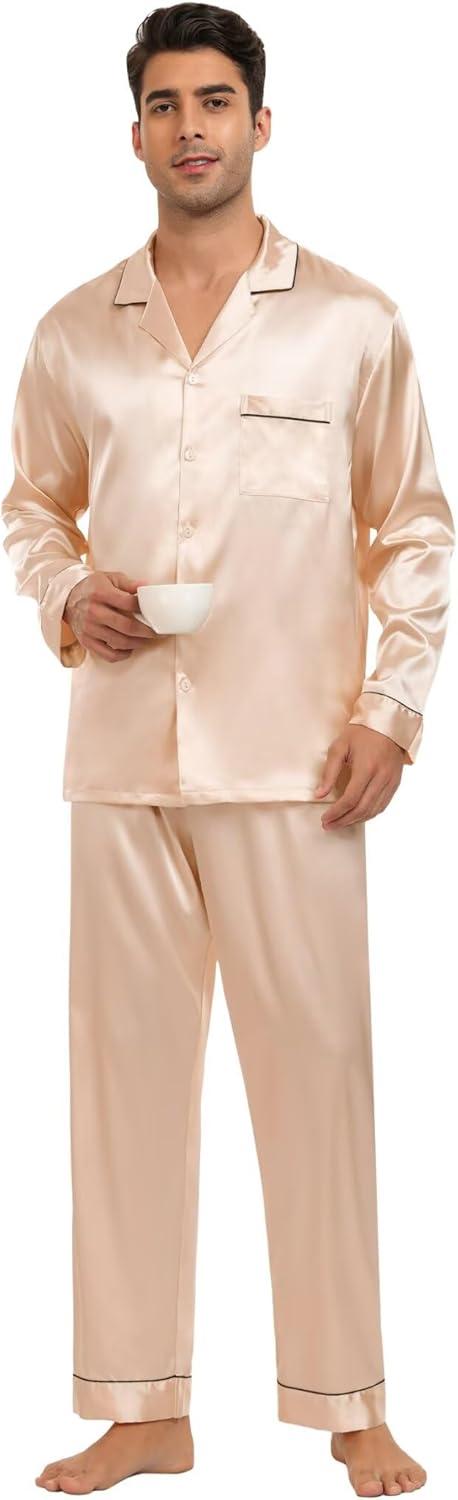 imageSWOMOG Family Matching Button Down Pajamas Pjs Silk Satin Long Sleeve Shirt Long Pants Set Sleepwear 2 Pcs Outfits LoungewearChampagne