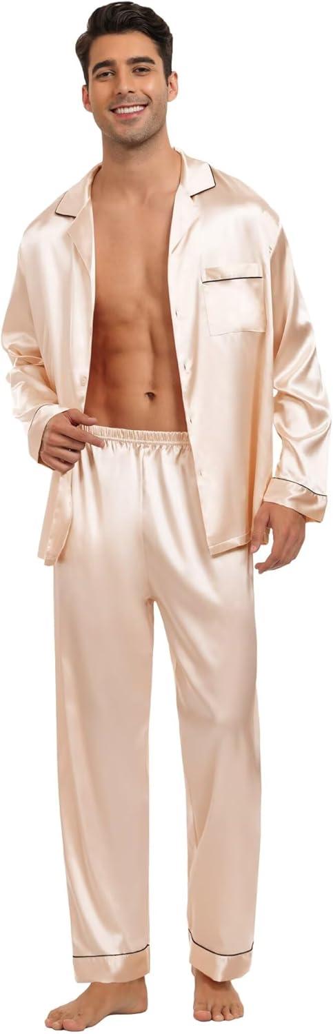 imageSWOMOG Family Matching Button Down Pajamas Pjs Silk Satin Long Sleeve Shirt Long Pants Set Sleepwear 2 Pcs Outfits LoungewearChampagne