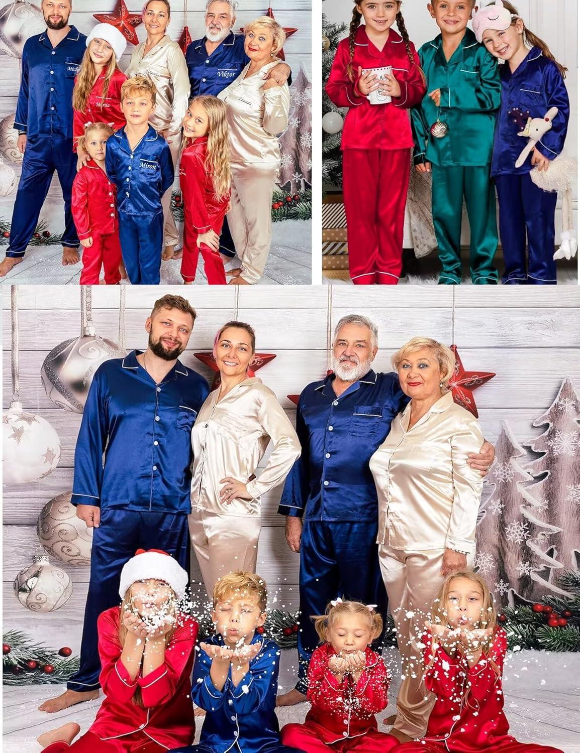 imageSWOMOG Family Matching Button Down Pajamas Pjs Silk Satin Long Sleeve Shirt Long Pants Set Sleepwear 2 Pcs Outfits LoungewearChampagne