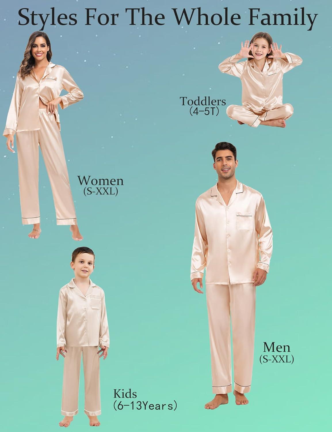 imageSWOMOG Family Matching Button Down Pajamas Pjs Silk Satin Long Sleeve Shirt Long Pants Set Sleepwear 2 Pcs Outfits LoungewearChampagne