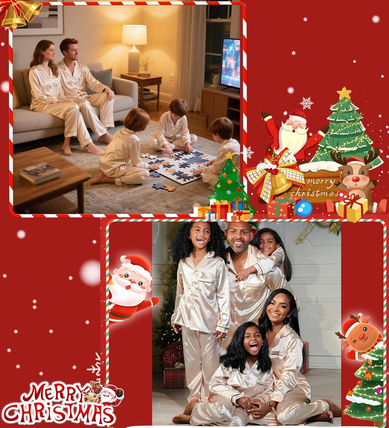imageSWOMOG Family Matching Button Down Pajamas Pjs Silk Satin Long Sleeve Shirt Long Pants Set Sleepwear 2 Pcs Outfits LoungewearChampagne