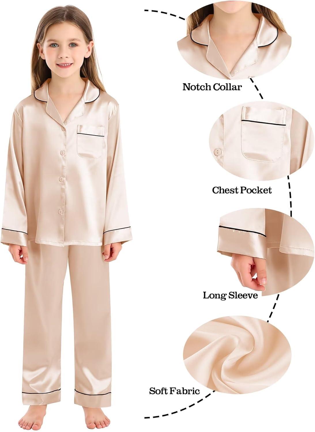 imageSWOMOG Family Matching Button Down Pajamas Pjs Silk Satin Long Sleeve Shirt Long Pants Set Sleepwear 2 Pcs Outfits LoungewearChampagne