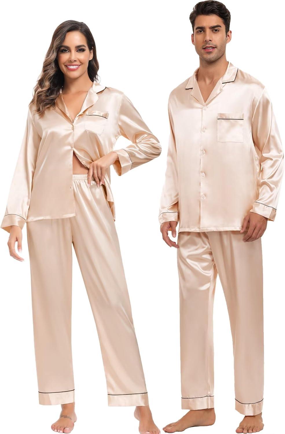 imageSWOMOG Family Matching Button Down Pajamas Pjs Silk Satin Long Sleeve Shirt Long Pants Set Sleepwear 2 Pcs Outfits LoungewearChampagne