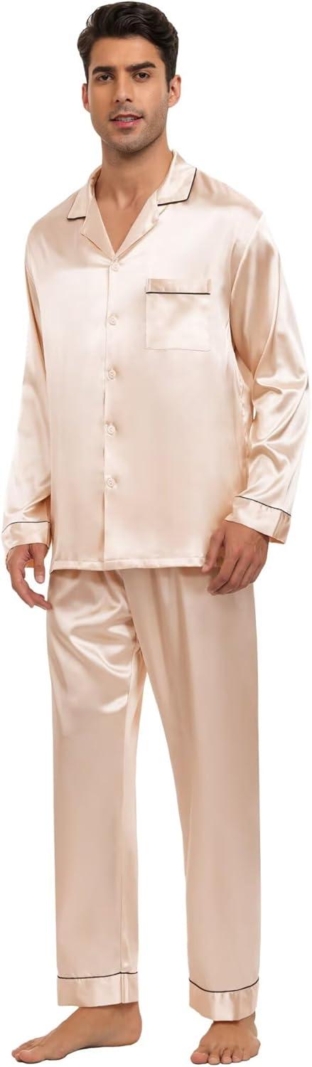 imageSWOMOG Family Matching Button Down Pajamas Pjs Silk Satin Long Sleeve Shirt Long Pants Set Sleepwear 2 Pcs Outfits LoungewearChampagne