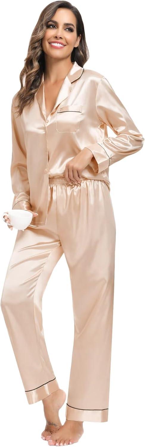 imageSWOMOG Family Matching Button Down Pajamas Pjs Silk Satin Long Sleeve Shirt Long Pants Set Sleepwear 2 Pcs Outfits LoungewearChampagne