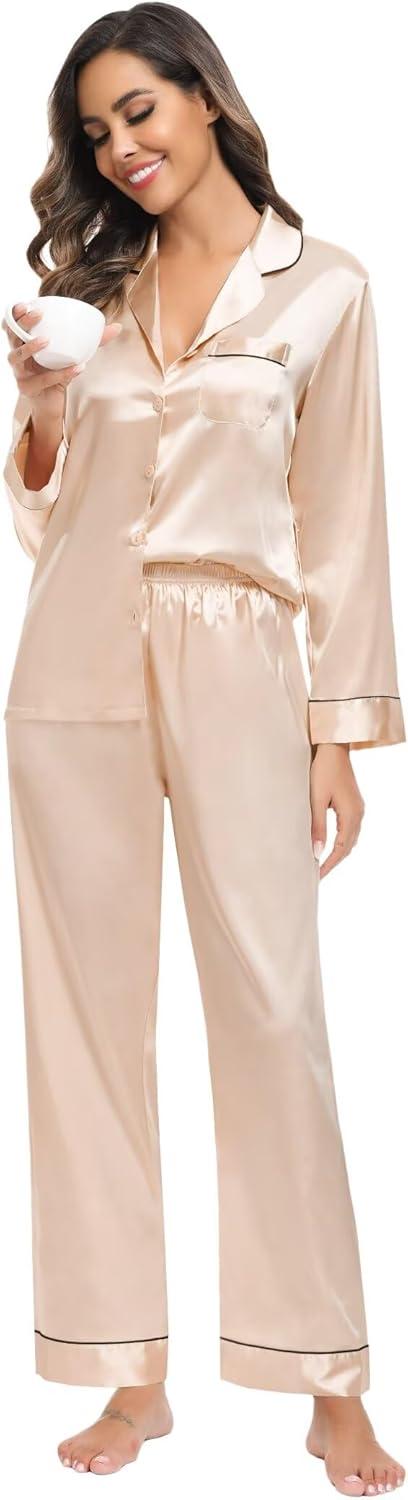 imageSWOMOG Family Matching Button Down Pajamas Pjs Silk Satin Long Sleeve Shirt Long Pants Set Sleepwear 2 Pcs Outfits LoungewearChampagne