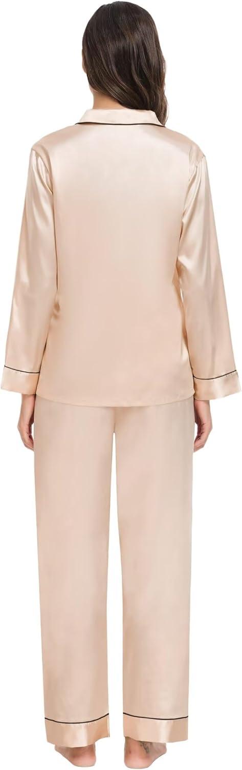imageSWOMOG Family Matching Button Down Pajamas Pjs Silk Satin Long Sleeve Shirt Long Pants Set Sleepwear 2 Pcs Outfits LoungewearChampagne