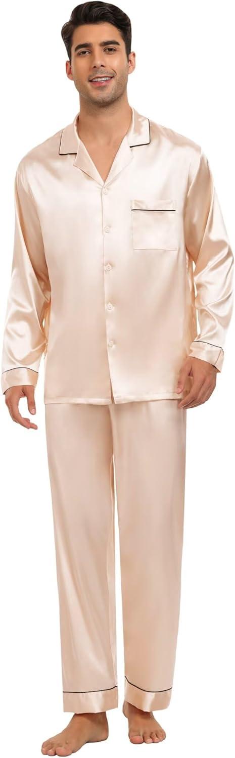 imageSWOMOG Family Matching Button Down Pajamas Pjs Silk Satin Long Sleeve Shirt Long Pants Set Sleepwear 2 Pcs Outfits LoungewearChampagne