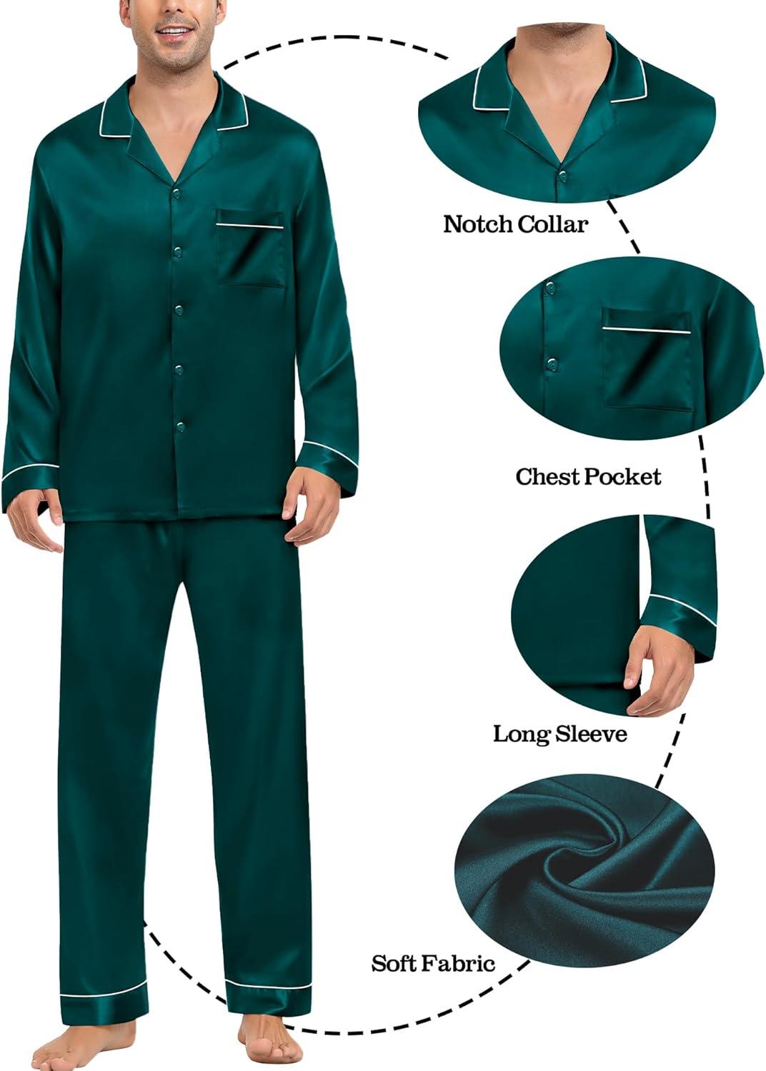 imageSWOMOG Family Matching Button Down Pajamas Pjs Silk Satin Long Sleeve Shirt Long Pants Set Sleepwear 2 Pcs Outfits LoungewearDark Green