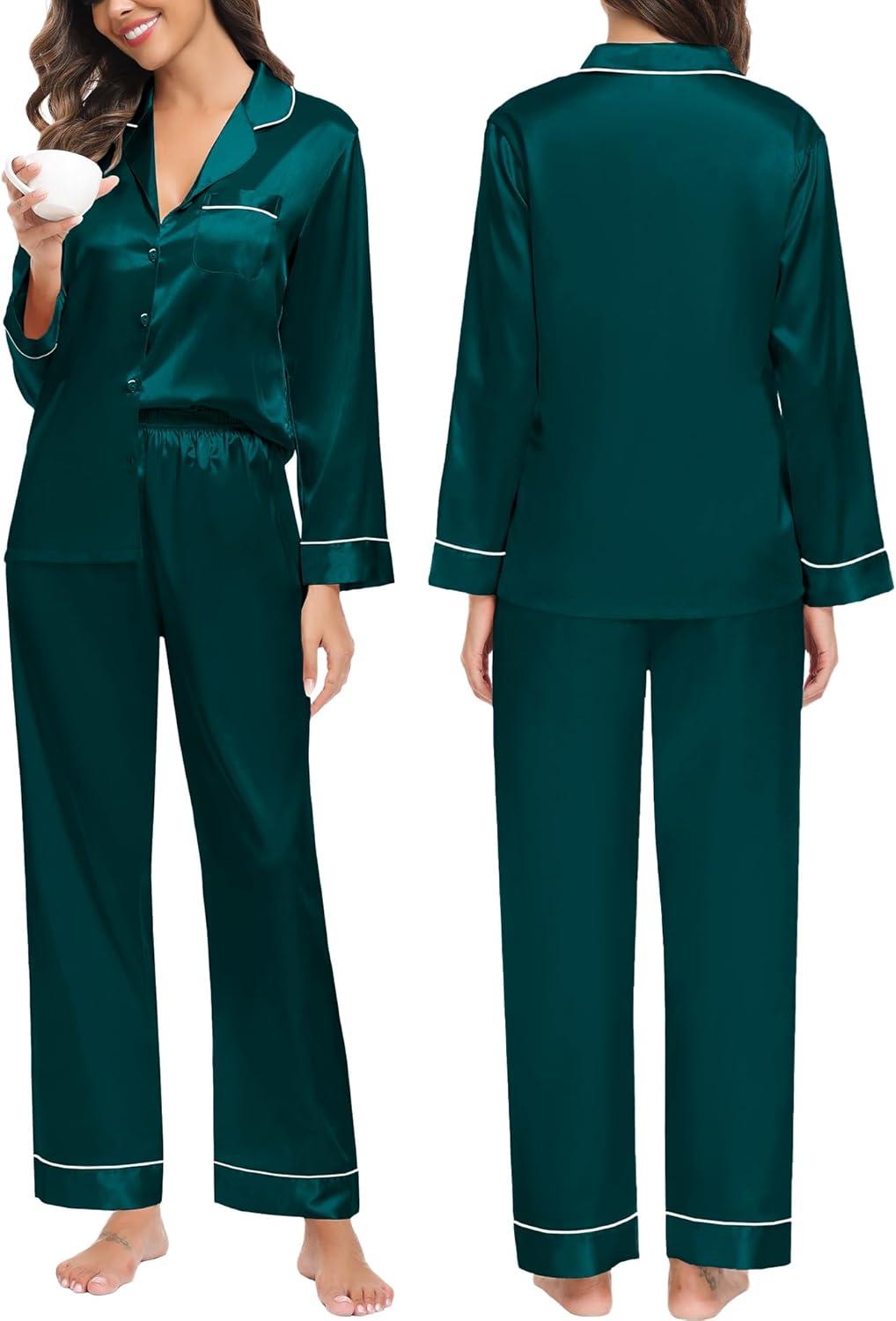 imageSWOMOG Family Matching Button Down Pajamas Pjs Silk Satin Long Sleeve Shirt Long Pants Set Sleepwear 2 Pcs Outfits LoungewearDark Green